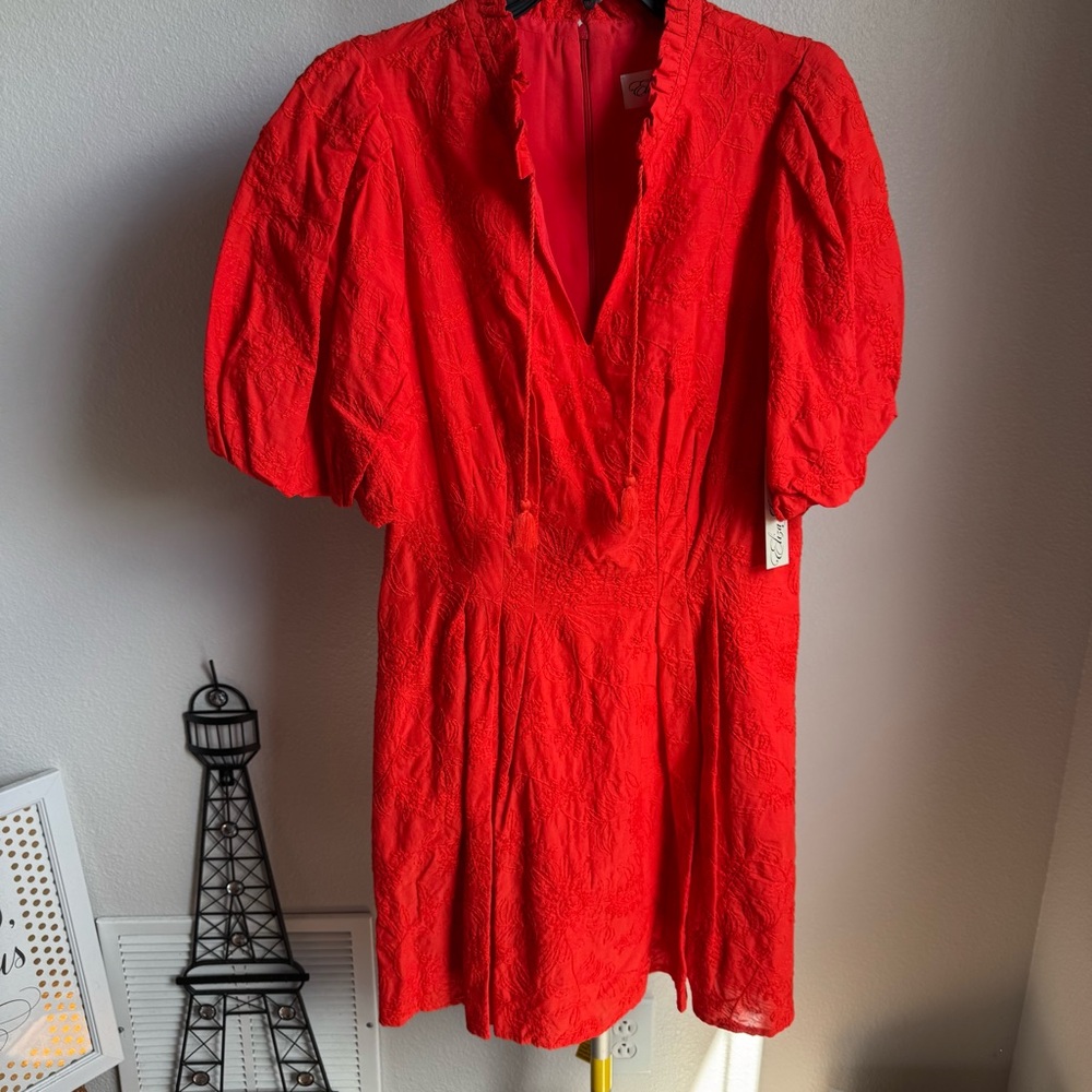 NWT Eliza J Floral Embroidered Puff Sleeve Cotton Fit & Flare Dress Sz 14 - Picture 4 of 12